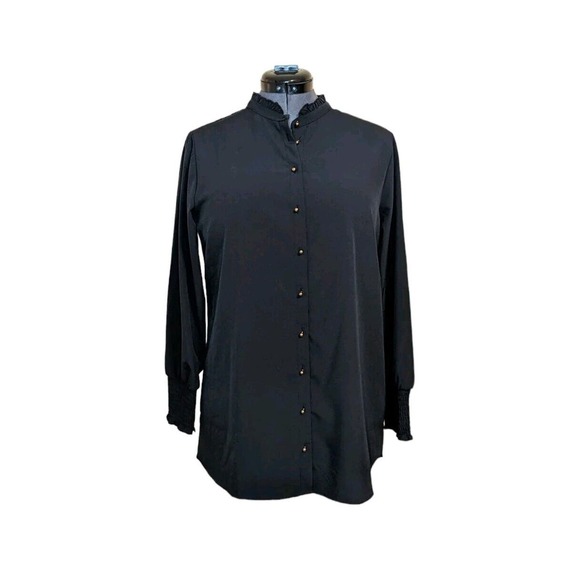 Soft Surroundings Vivian Black Ruffle High Neck Gold Button Up Shirt Size MP - Picture 1 of 9